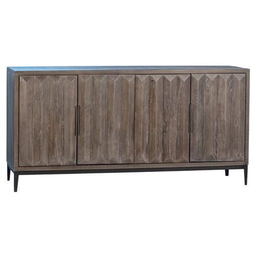 Leticia Rustic Lodge Grey Oak Wood Black Iron Base 4 Door Sideboard | Kathy Kuo Home