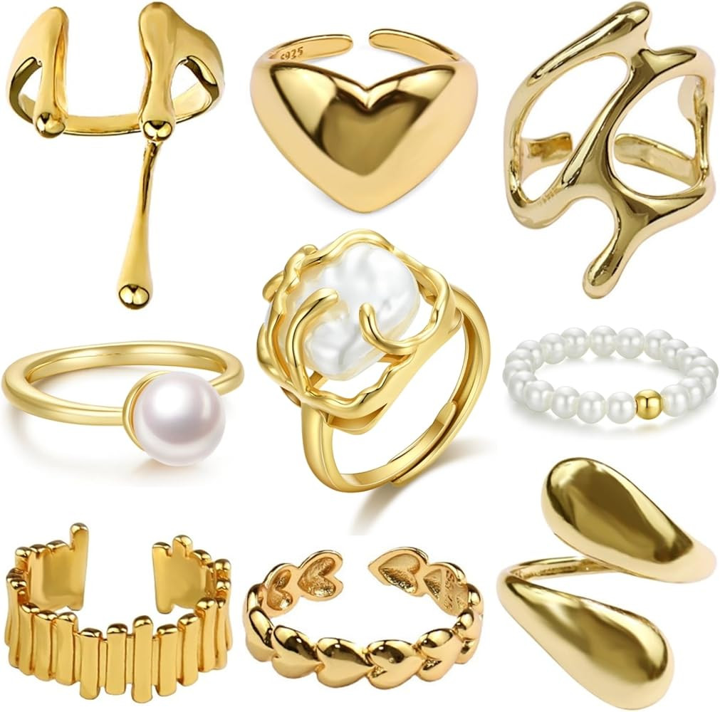 9PCS Chunky Gold Rings for Women Non Tarnish, Baroque Pearls Rings, 18K Gold Plated Heart Rings, ... | Amazon (US)