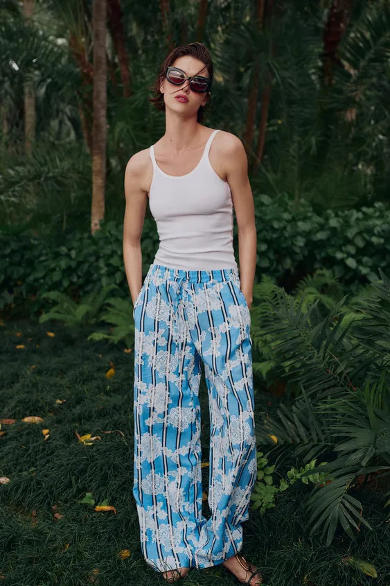 STRIPED PRINT WIDE LEG PANTS | Zara US