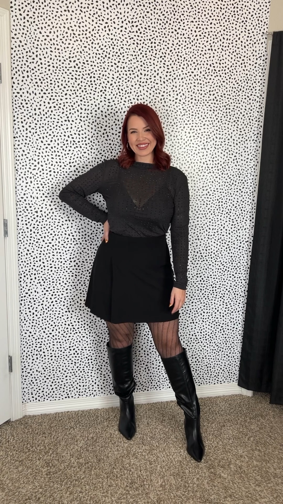 Girls night/date night black skirt with see through embellished long sleeve top. Paired with knee high black boots with some Joyspun tights! Wearing a medium in the skirt (size down) and a large top.

#LTKSaleAlert #LTKMidsize #LTKFindsUnder50