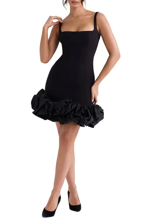 HOUSE OF CB Lilou Ruffle Square Neck Minidress in Black at Nordstrom, Size X-Small | Nordstrom