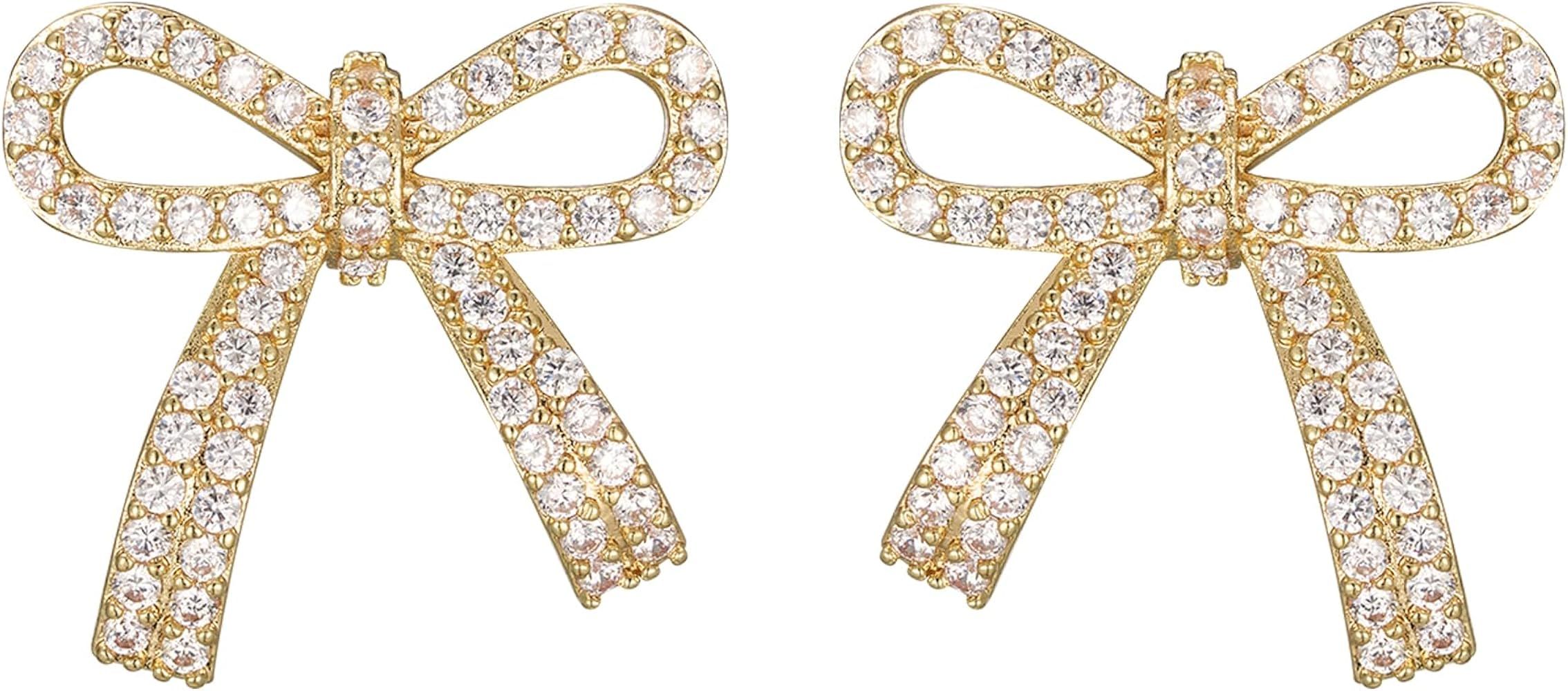 Amazon.com: SWEETV 18K Gold Plated Bow Earrings for Women, Rhinestone Bowknot Stud Earrings with ... | Amazon (US)