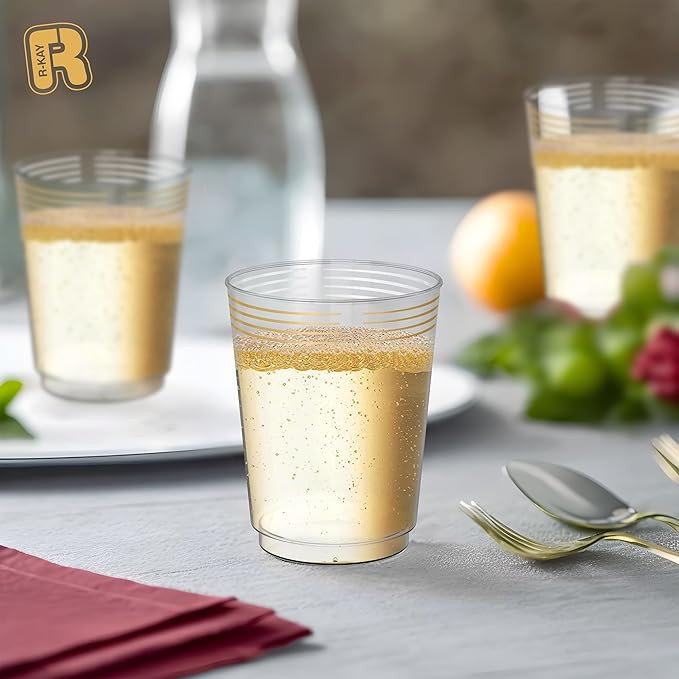 50 Pack Gold Plastic Cups For Party - 10 Oz Clear Party Cups Disposable - Hard Disposable Cups - ... | Amazon (US)