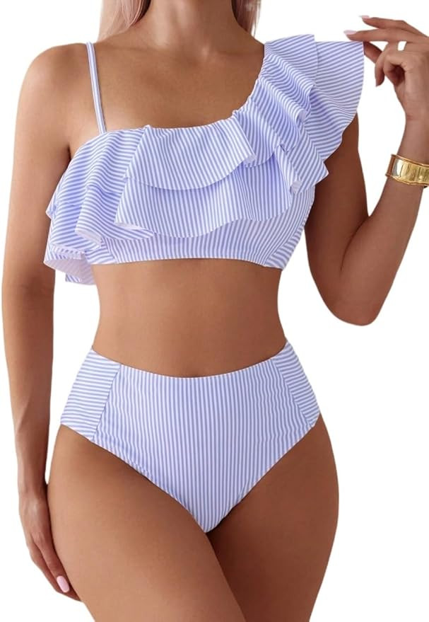 Wocrolse Casual Striped Ruffled Cropped Top High Waisted Bikini Set for Women for Beach and Summe... | Amazon (US)