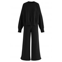Waffle Knit Hi-Lo Sweater and Wide Leg Pants Set in Black | Chicwish