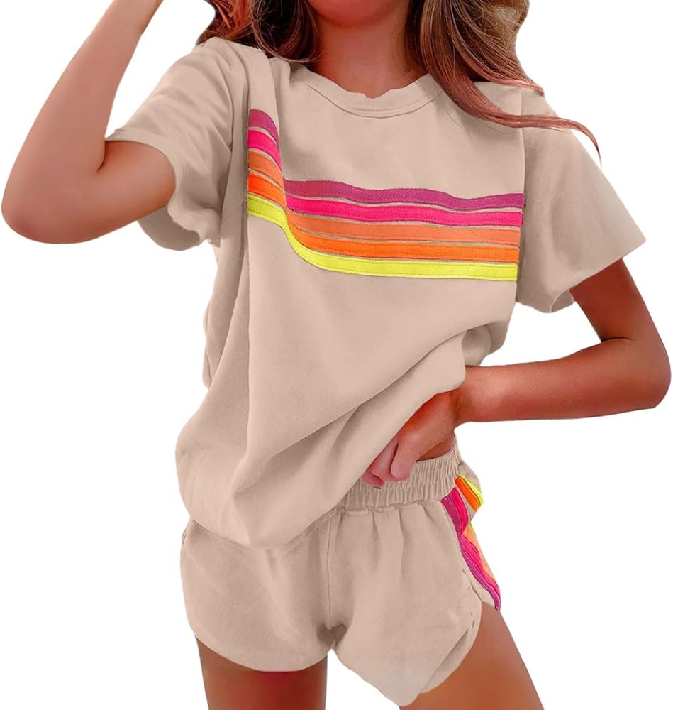 2 Piece Sets for Women Rainbow Striped Outfits Casual Short Sleeve Tops Elastic Shorts Outfits Loungewear Tracksuit | Amazon (US)