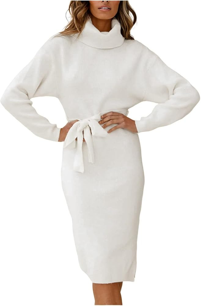 Women Turtleneck Sweater Dress Long Sleeve Belt Midi Dress Slim Elegant Knit Dresses       
Mater... | Amazon (US)