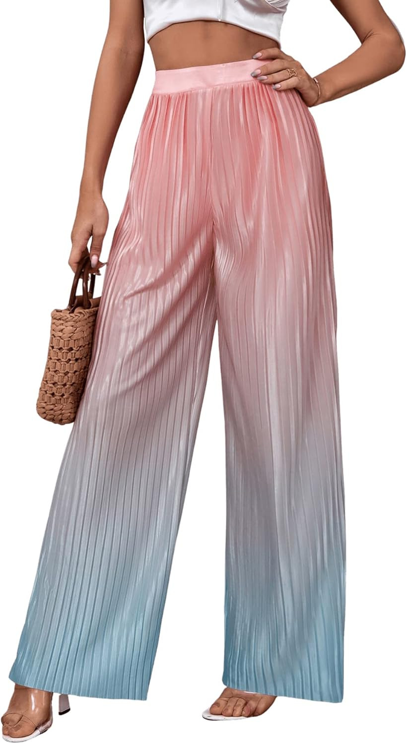 SweatyRocks Women's Color Block High Waist Pleated Wide Leg Pants Boho Ombre Loose Fit Extra Long... | Amazon (US)