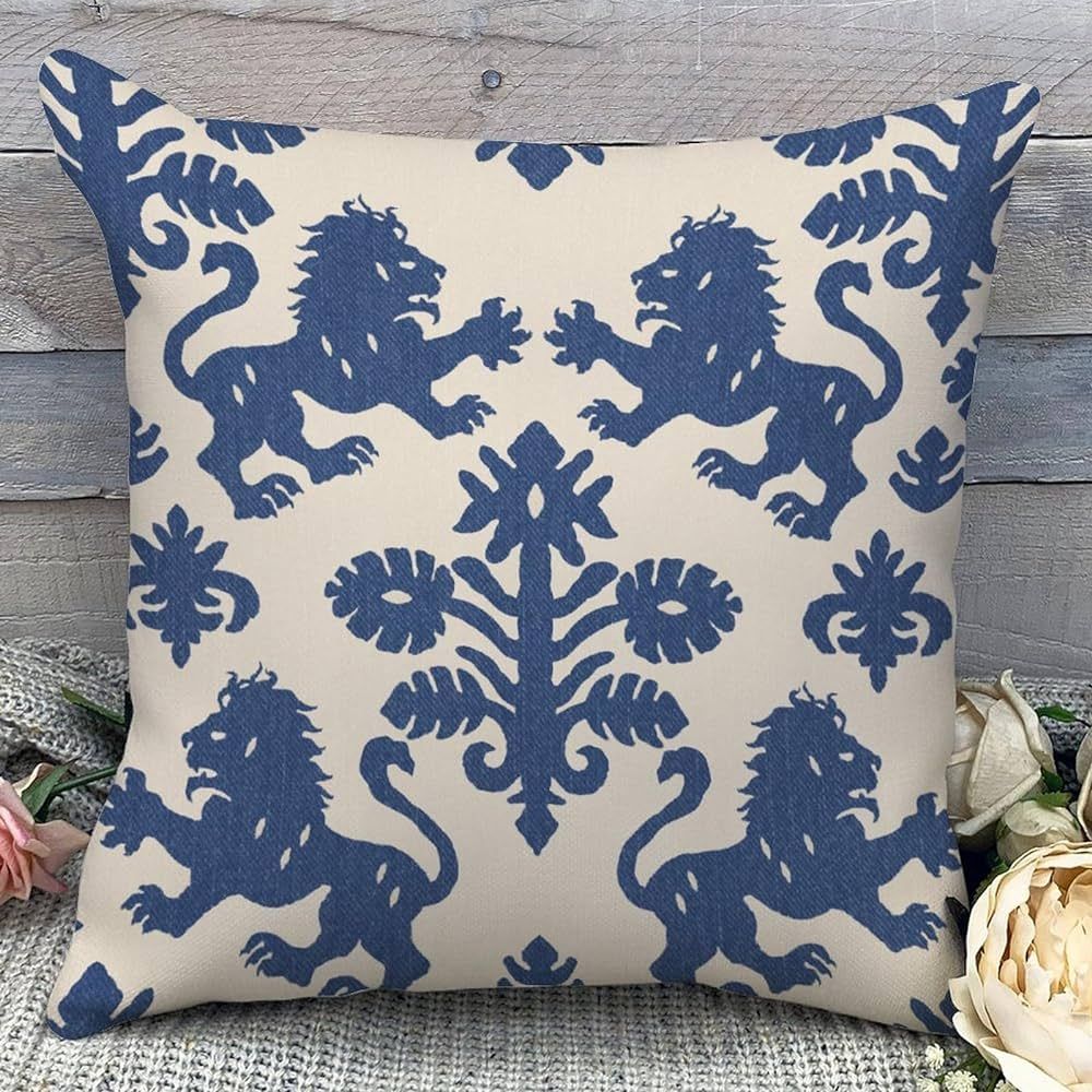 Chinoiserie Asian Throw Pillow Cover Chinoiserie Beige Navy Regalia Lion Pillow Covers Ancient Ch... | Amazon (US)