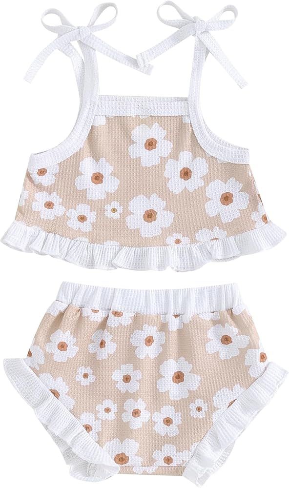 Infant Baby Girl Summer Clothes Floral Sleeveless Strap Tank Top Ruffle Bloomers Shorts Newborn 2... | Amazon (US)