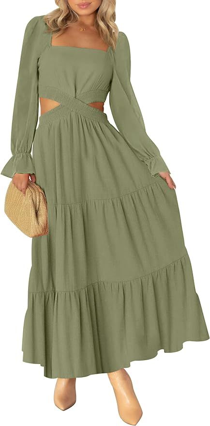 MEROKEETY Women's 2023 Long Sleeve Cutout Maxi Dress Square Neck Crossover Waist Ruffle Tiered Ca... | Amazon (US)