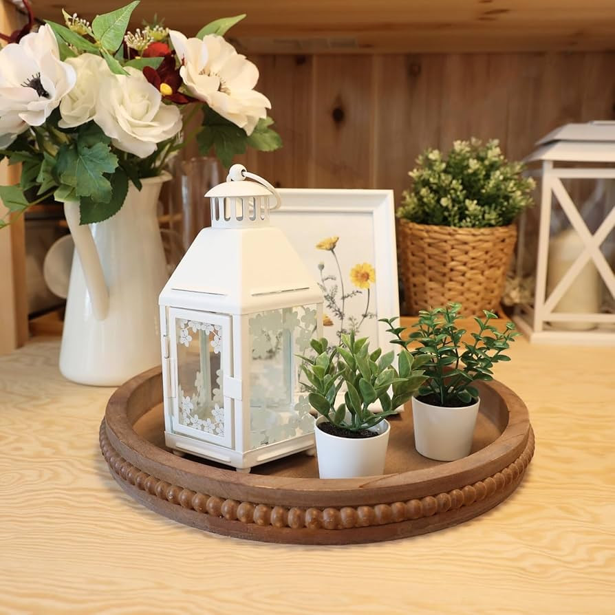 Wood Decorative Serving Tray with Bead, Round Vintage Wooden Ottoman Tray for Home Centerpiece, C... | Amazon (US)