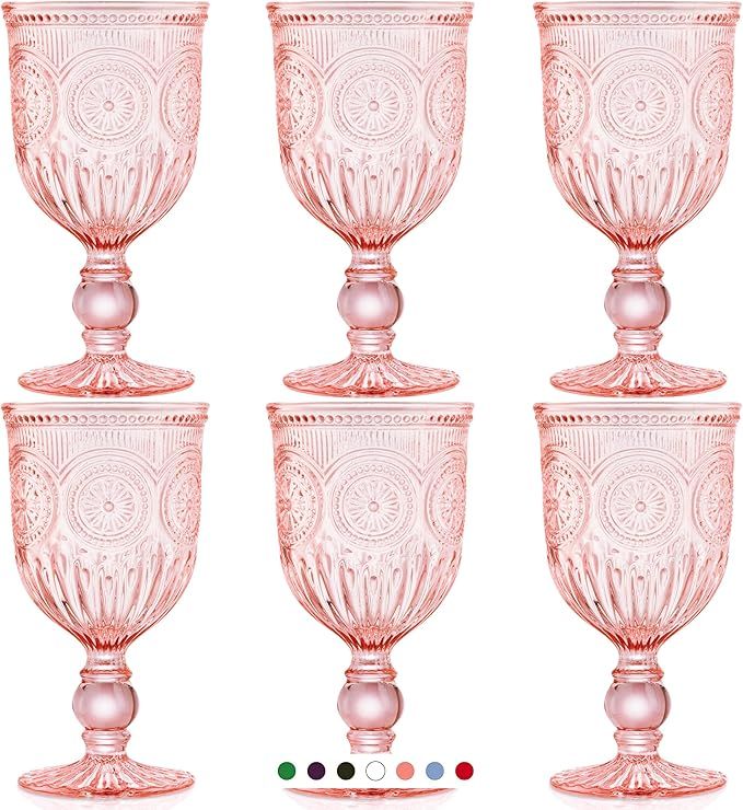 Yungala Pink Wine Glasses set of 6 pink goblets, dishwasher safe colored pink glassware, vintage ... | Amazon (US)