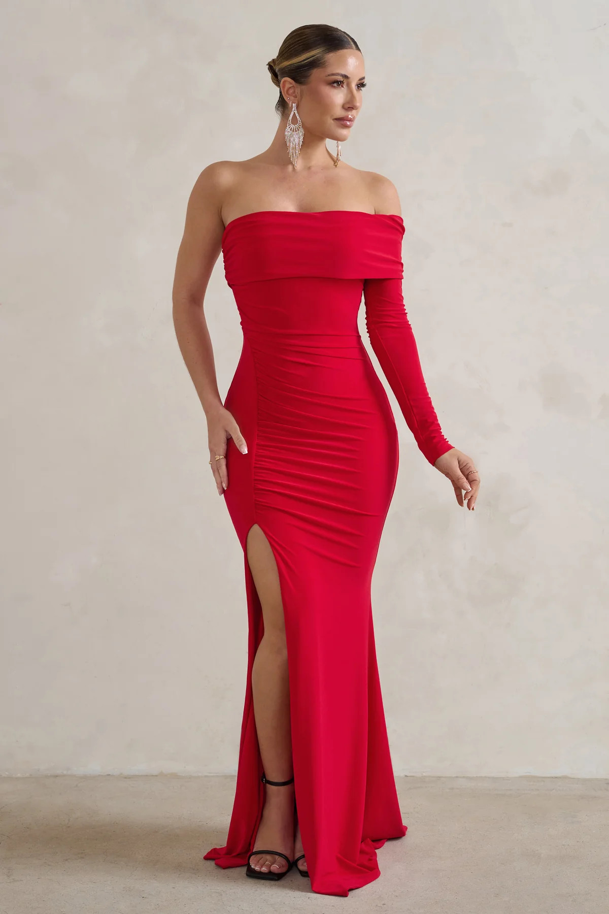 Meghan | Red Bardot Neck Thigh Split Fishtail Maxi Dress | Club L London