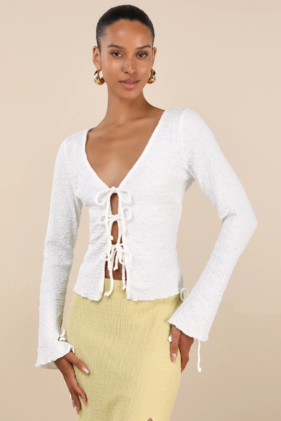 Calise White Textured Tie-Front Long Sleeve Top | Lulus