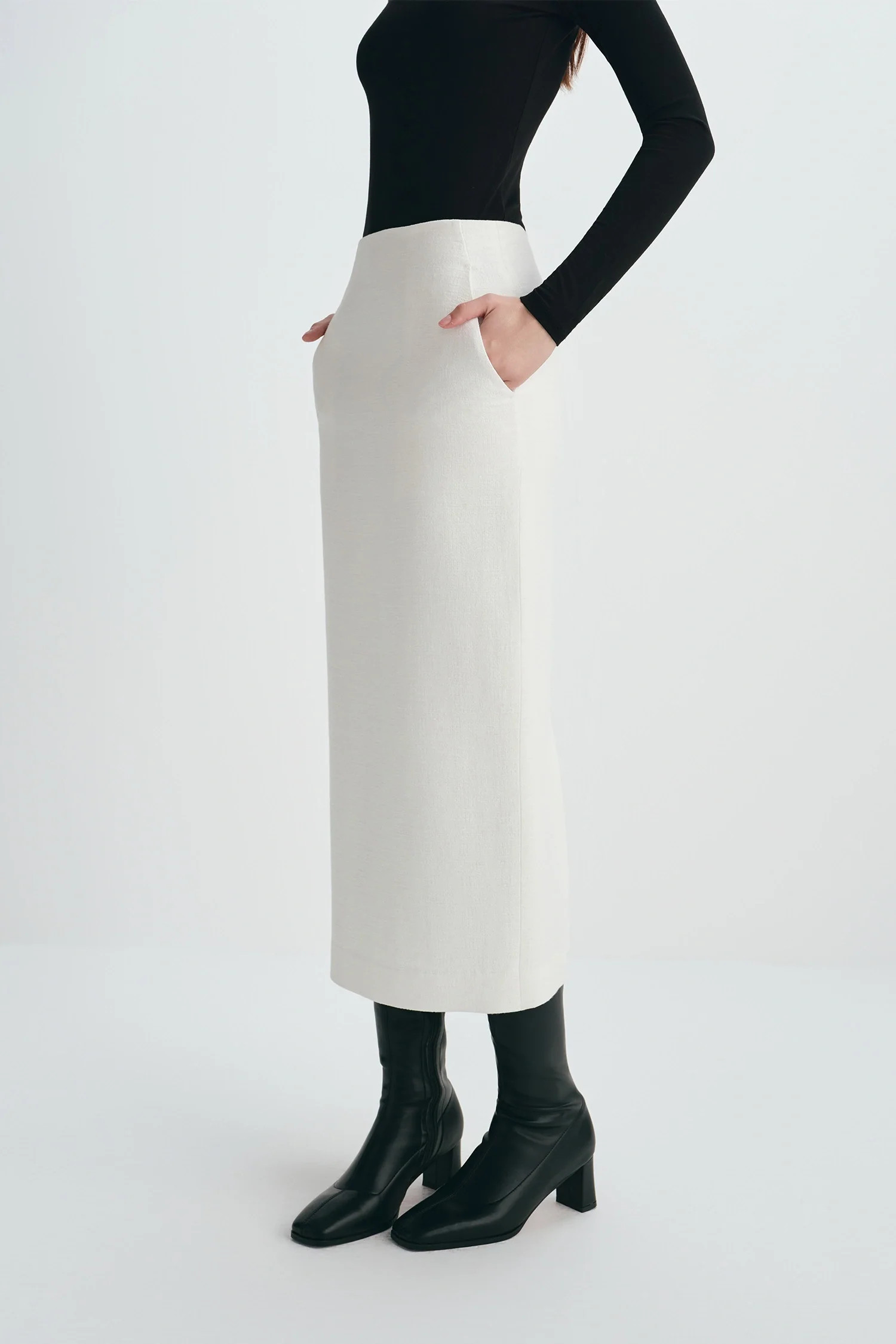 Juste Pencil Skirt | Cream Linen-Blend Midi | Rue Sophie