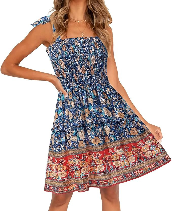 ZESICA Women's Summer Boho Floral Printed Spaghetti Strap Square Neck Ruffle A Line Swing Beach M... | Amazon (US)