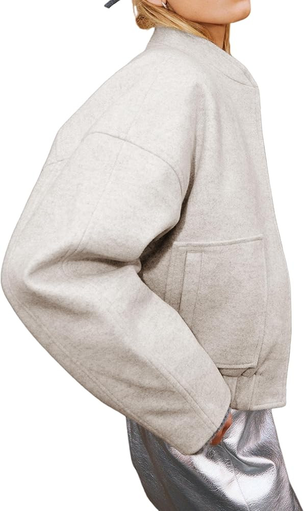 Womens Wool Blend Bomber Jacket Casual Cropped Boxy Fit Coat Elastic Hem Snap Button Outwear with... | Amazon (US)