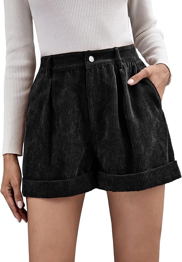 Romwe Women's Casual Wide Leg High Waist Cuffed Hem Corduroy Shorts with Pockets | Amazon (US)