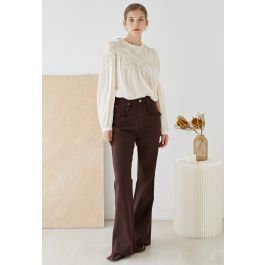 Classic Pocket Frayed Detail Flare Jeans in Brown | Chicwish