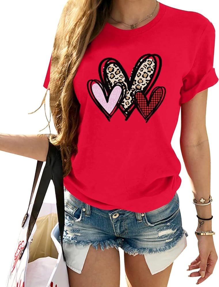 Woffccrd Womens Love Heart Shirts Short Sleeve Valentine's Day Crewneck Colorful Heart Graphic Te... | Amazon (US)