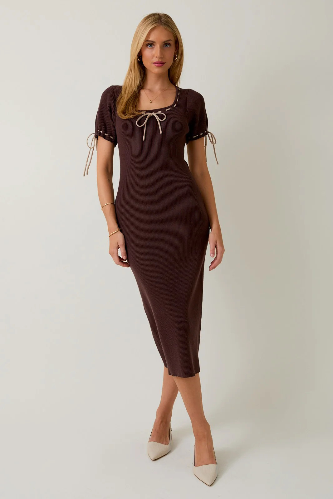 Brown Ribbed Knit Stitch Detail Midi Dress | PinkBlush Maternity
