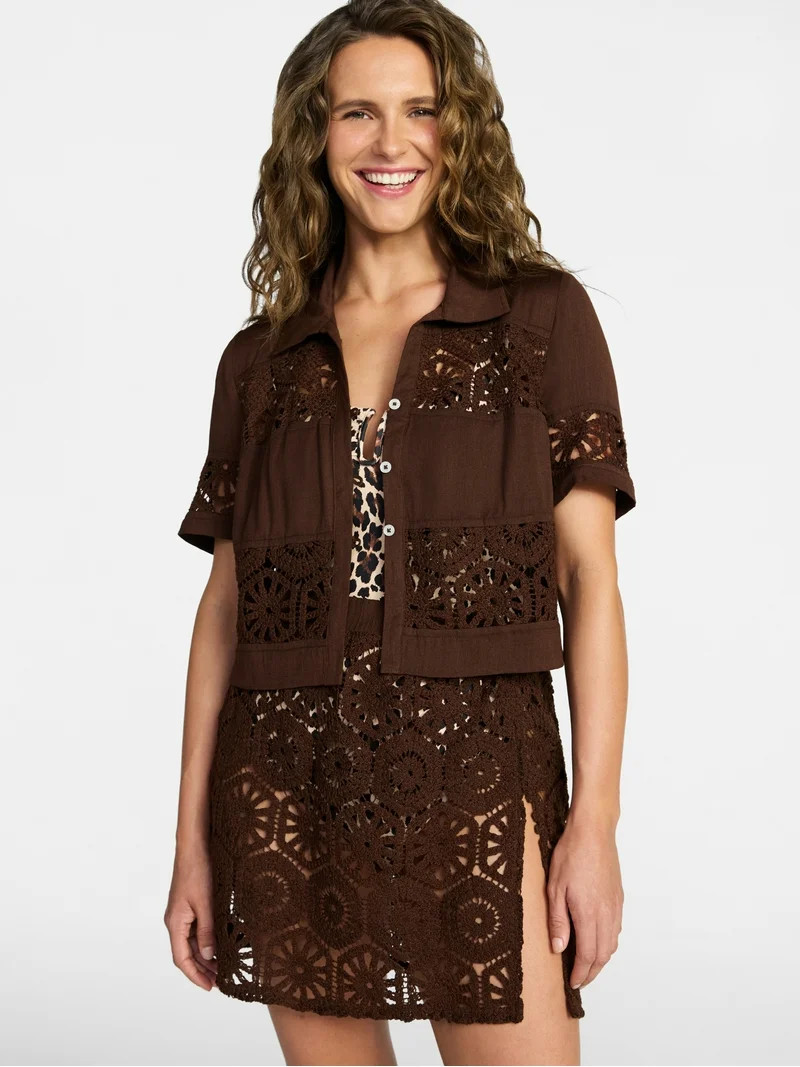 Time and Tru Women's and Women's Plus Size Palm Crochet Coverup Top, Sizes XS-3X | Walmart (US)