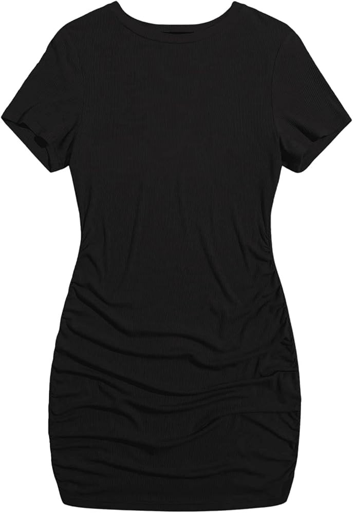 Romwe Women's Plus Size Ribbed Short Sleeve Ruched Mini Bodycon T Shirt Dress | Amazon (US)