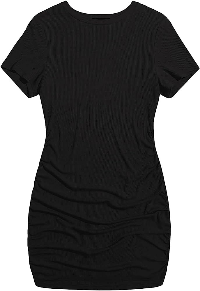 Romwe Women's Plus Size Ribbed Short Sleeve Ruched Mini Bodycon T Shirt Dress | Amazon (US)