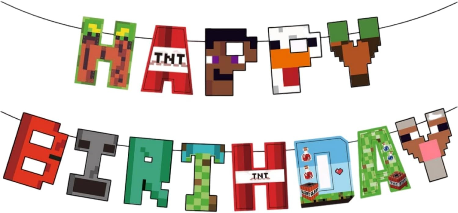 Pixel Happy Birthday Banner, Mining Themed Birthday Party Decorations, Gaming Miner Banner Pennan... | Amazon (US)