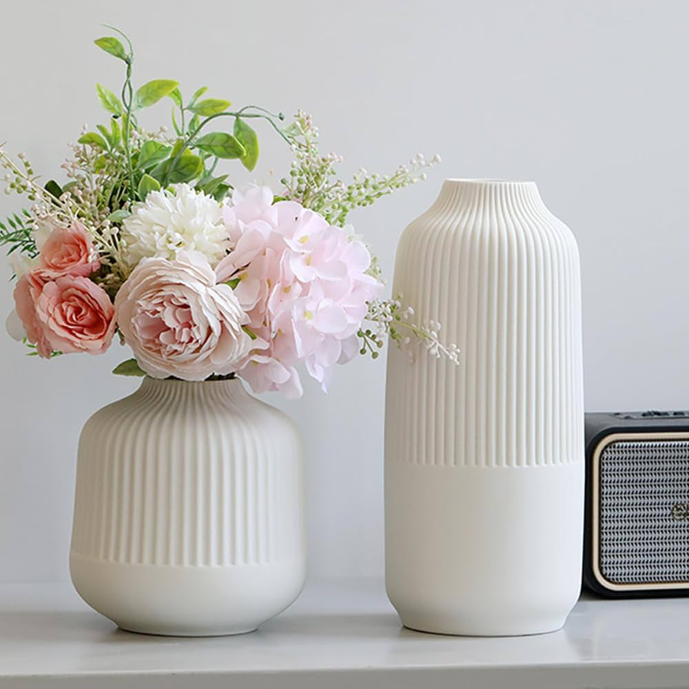 Ceramic Flower Vase Set 2 Large Matte White Vase for Home Decor Ribbed Vases for Room Office Shel... | Amazon (US)