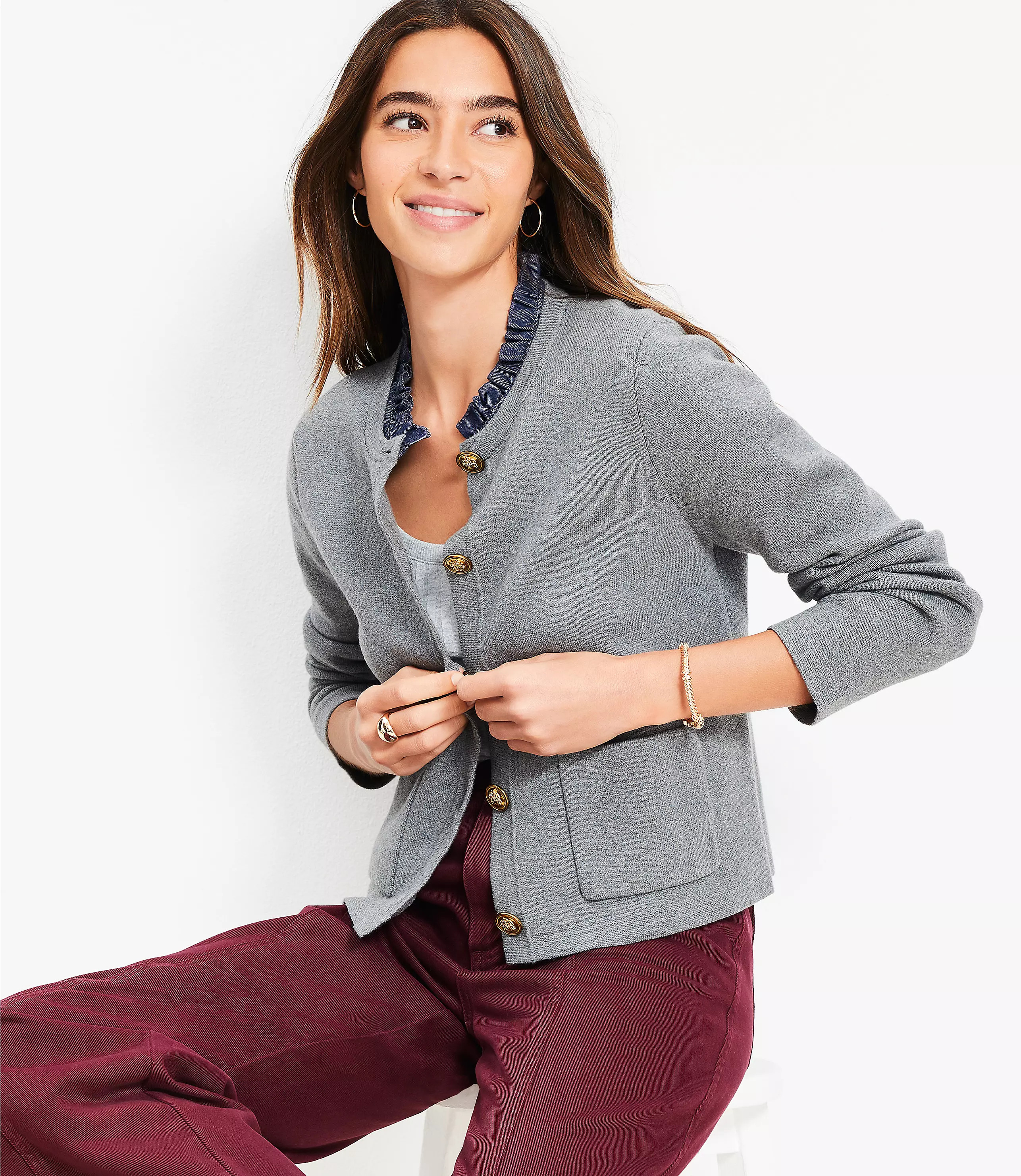 Ruffle Collar Mixed Media Sweater Jacket | LOFT