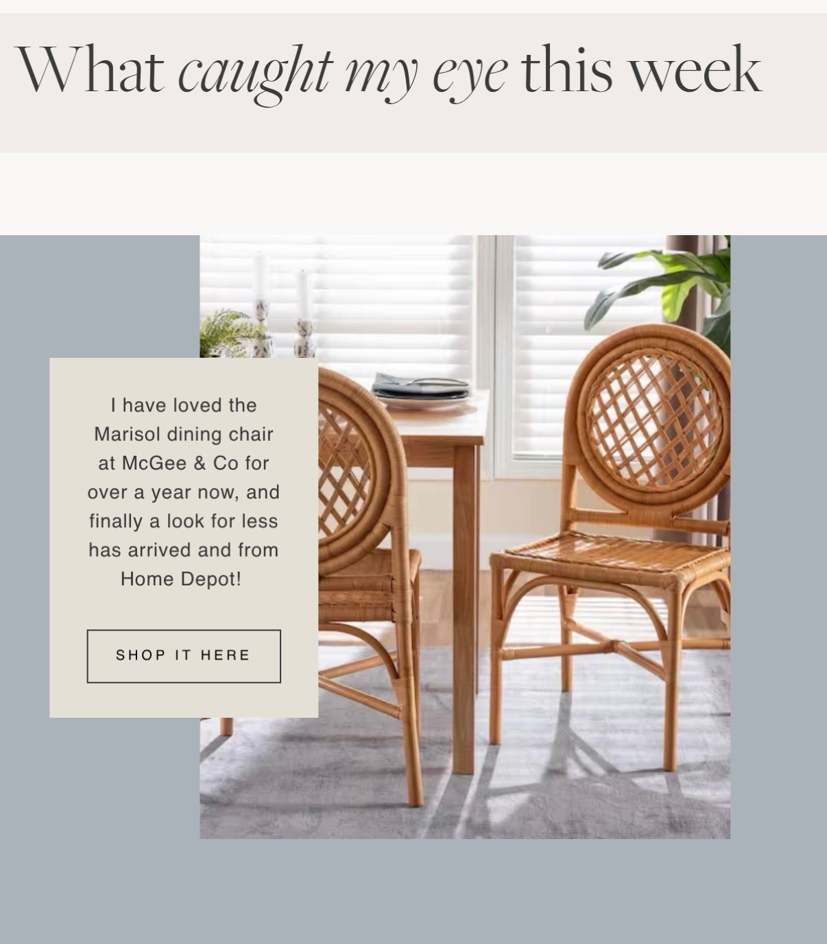 I have admired the McGee & Co. Marisol Indoor/Outdoor Dining Chair for so long, and I recently found a beautiful look for less at Home Depot that gives a very similar woven, timeless designer feel for a fraction of the price.

The original Marisol chair is $1,564 for a set of 2 at McGee & Co., while this Home Depot option has that same warm natural texture and elevated collected look without the designer price tag. It’s such a good way to get that classic Studio McGee style while staying budget friendly.  ￼

If you love that layered, timeless dining room look, this one is definitely worth a look.

#LTKHome