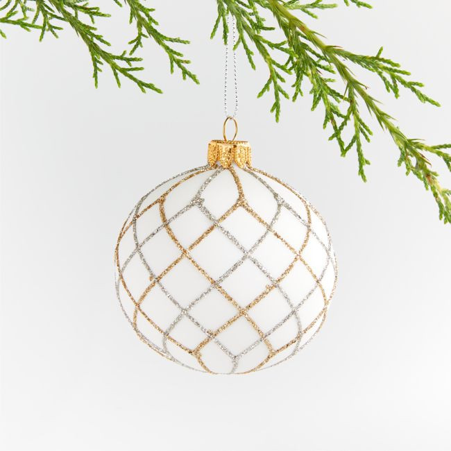 Silver and Gold Glitter Net White Glass Ball Christmas Tree Ornament | Crate & Barrel