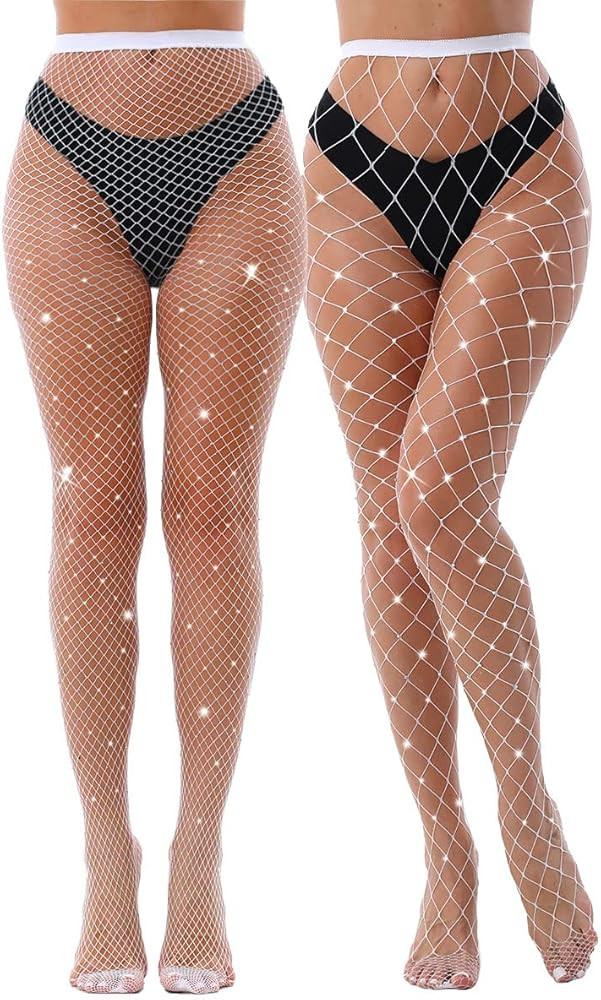 VEBZIN 2 Pack Sparkly Large And Medium Mesh Fishnet Tights For Women Glitter Rhinestone Fishnets ... | Amazon (US)