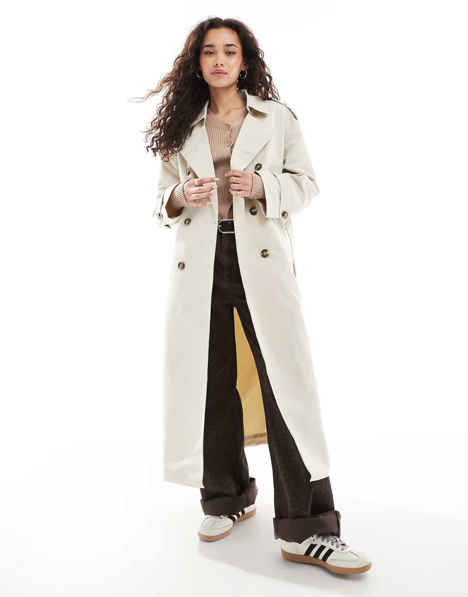 Vero Moda longline belted trench coat in oatmeal | ASOS (Global)