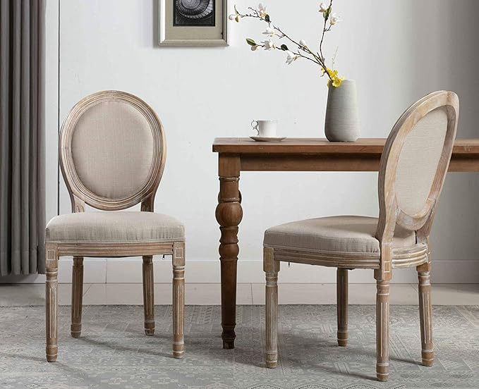 Retro French Round Back Dining Chairs Set of 2 Upholstered Linen Kitchen Chairs, Distressed Wood ... | Amazon (US)