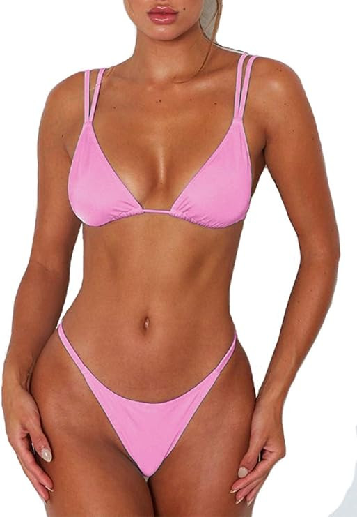 ForBeautyShe Women's Sexy Thong Bottom Two Piece Bikini Double Shoulder Straps Cute Swimsuit Tria... | Amazon (US)