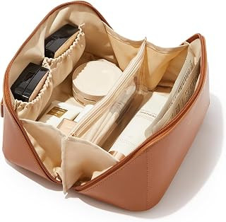 EACHY Travel Makeup Bag for Women, PU Leather Cosmetic Bag, Brown, Medium     Water-resistant PU ... | Amazon (US)