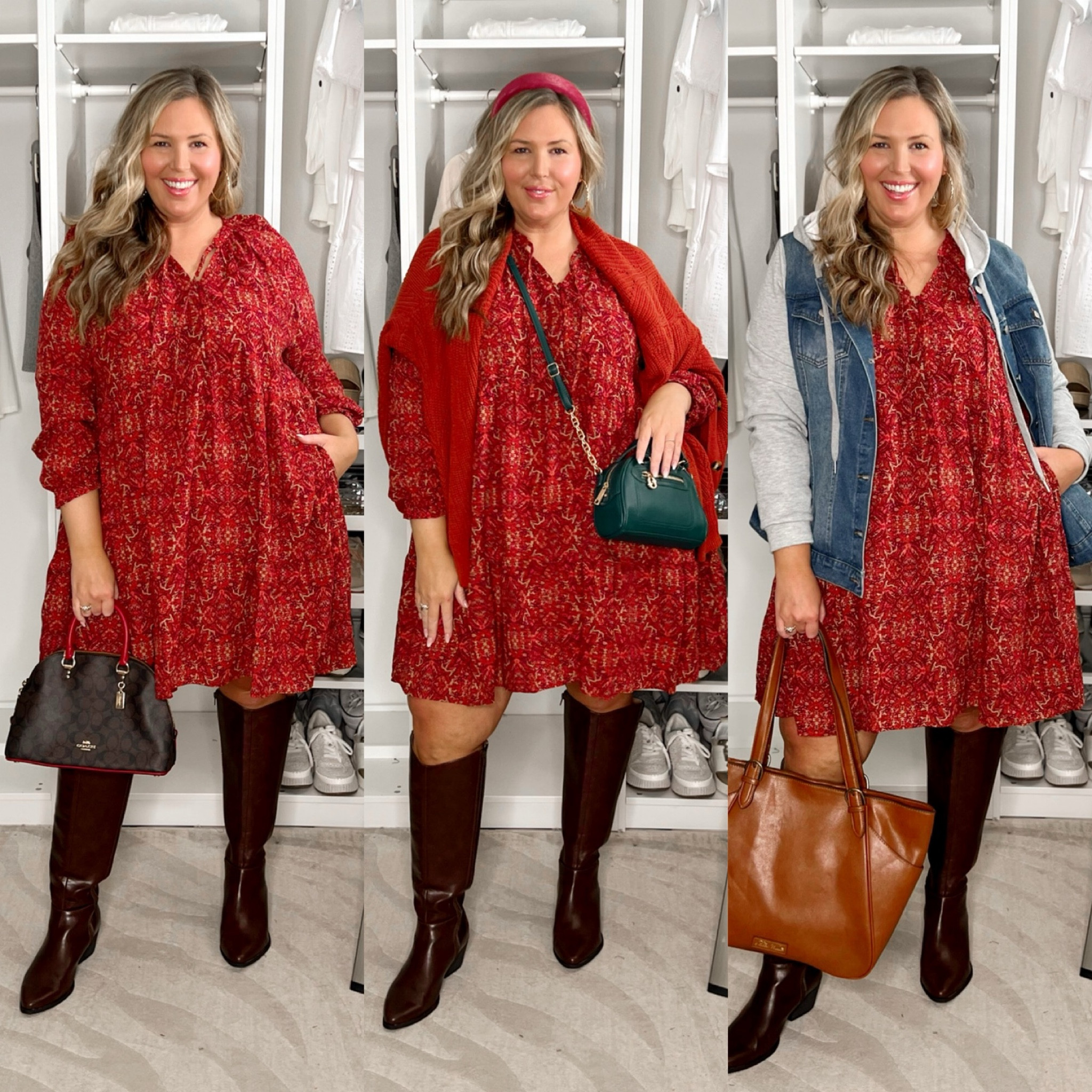 Grab this adorable dress (in 4 prints) for $23 and style it so many ways!! Sizes 0X-5X! @walmartfashion #walmartpartner #walmartfashion

1. The dress runs a little generous and I’m wearing the 1X! If you’re unsure it doesn’t hurt to just get your regular size, I think I would have been fine in my normal 2X! These wide calf boots are the best and so comfy! This coach bag is soooo cute omg, linking several options! 
2. Loving this headband and crossbody bag that’s plus size friendly! The cardigan runs true and I have it in the XXXL. 
3. This hoodie runs small-ish - I have the 2X but I could have done the 3x! Love the camel tote! 

#LTKCon #LTKSaleAlert #LTKPlusSize