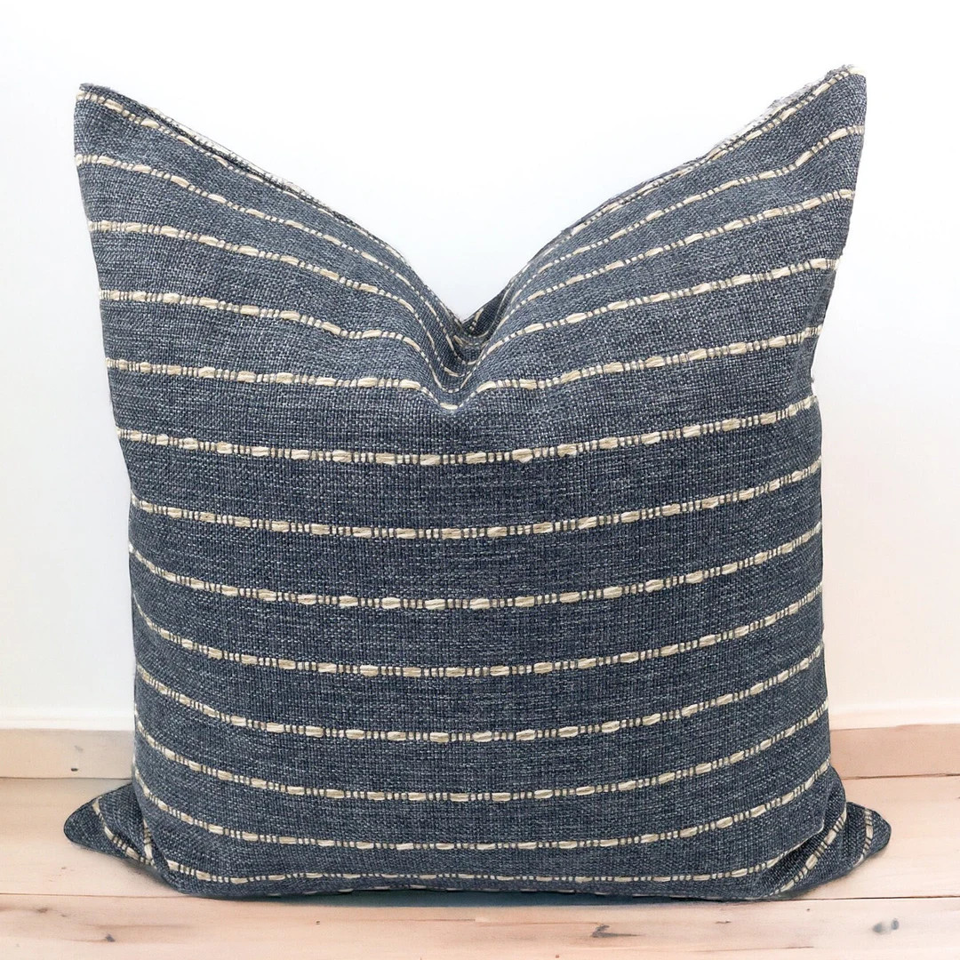 Blue Striped Pillow Coastal Blue Throw Pillow Modern Decor Texture Pillow Cover Blue Farmhouse Wo... | Etsy (US)
