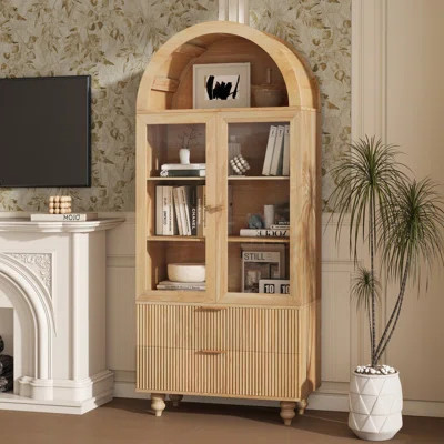 Wood Arched Bookcase with Doors, Closed Storage Book Case, 71'' Tall Glass Display Cabinet, Black | Wayfair North America
