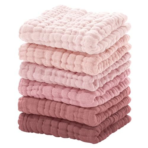 Looxii Muslin Baby Washcloths 6 Pack, 100% Cotton Baby Wash Cloths for Baby Face Body, 12x12 inches Large Soft Absorbent Face Towels for Newborns Gradient Pink | Amazon (US)