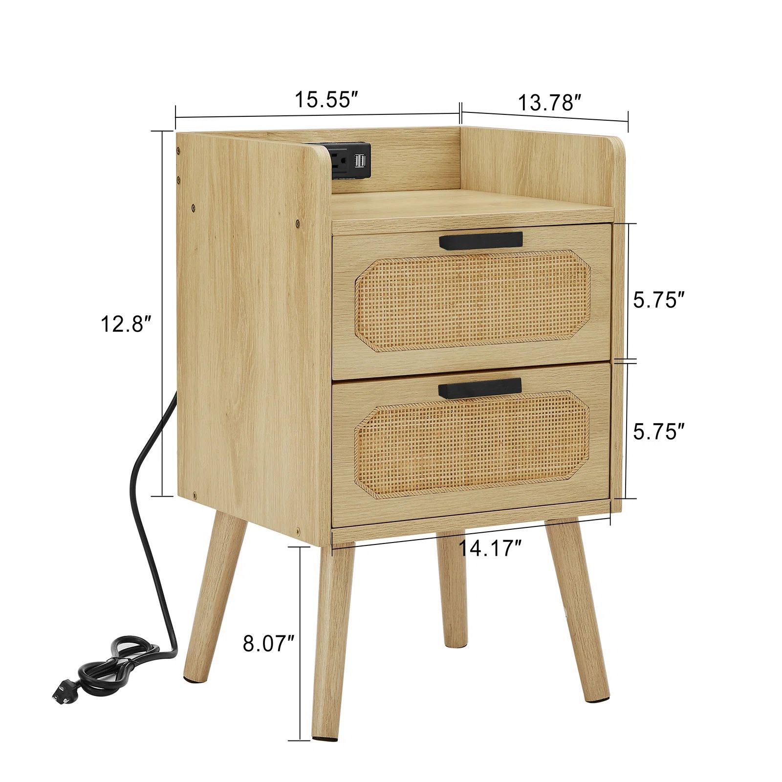 Aplington Rattan Nightstand with Socket and 2 Drawers, Natural Bedside Table End Side Table | Wayfair North America