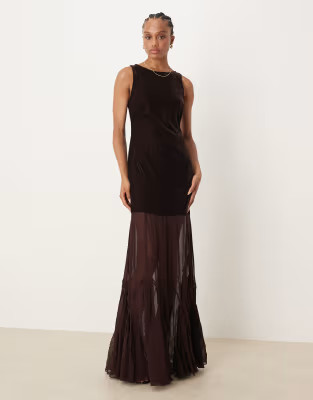 ASOS DESIGN Tall drop waist velvet maxi dress with sheer godet skirt in brown | ASOS (Global)