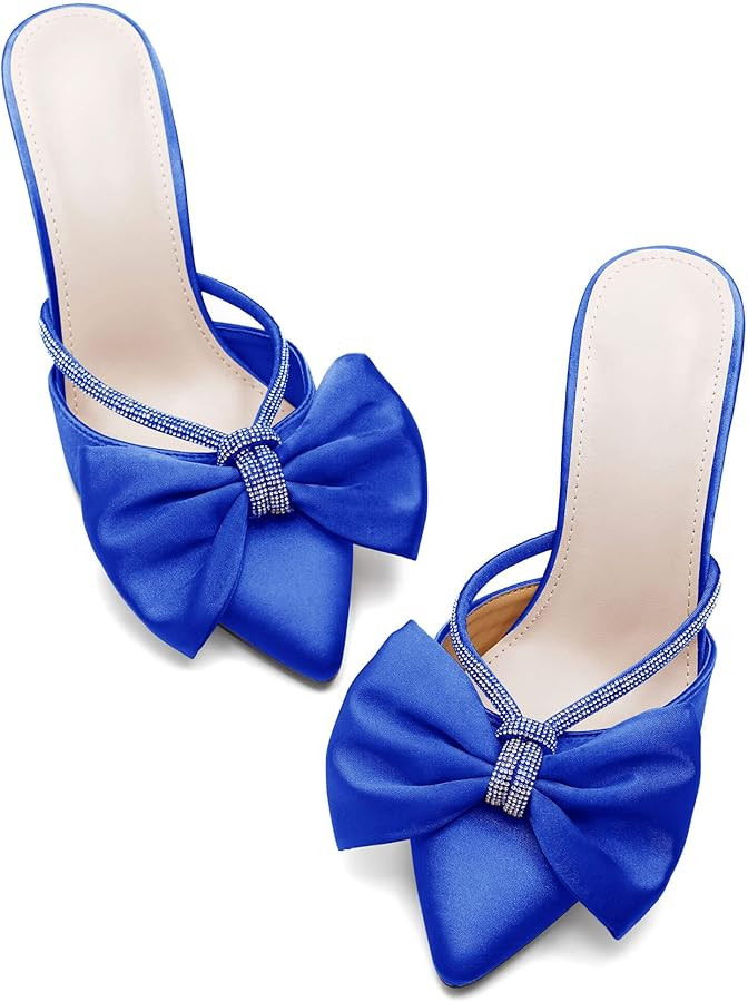 Coutgo Womens Bow Heels Mules Pointed Closed Toe Sandals Rhinestone Satin Backless Wedding Shoes | Amazon (US)