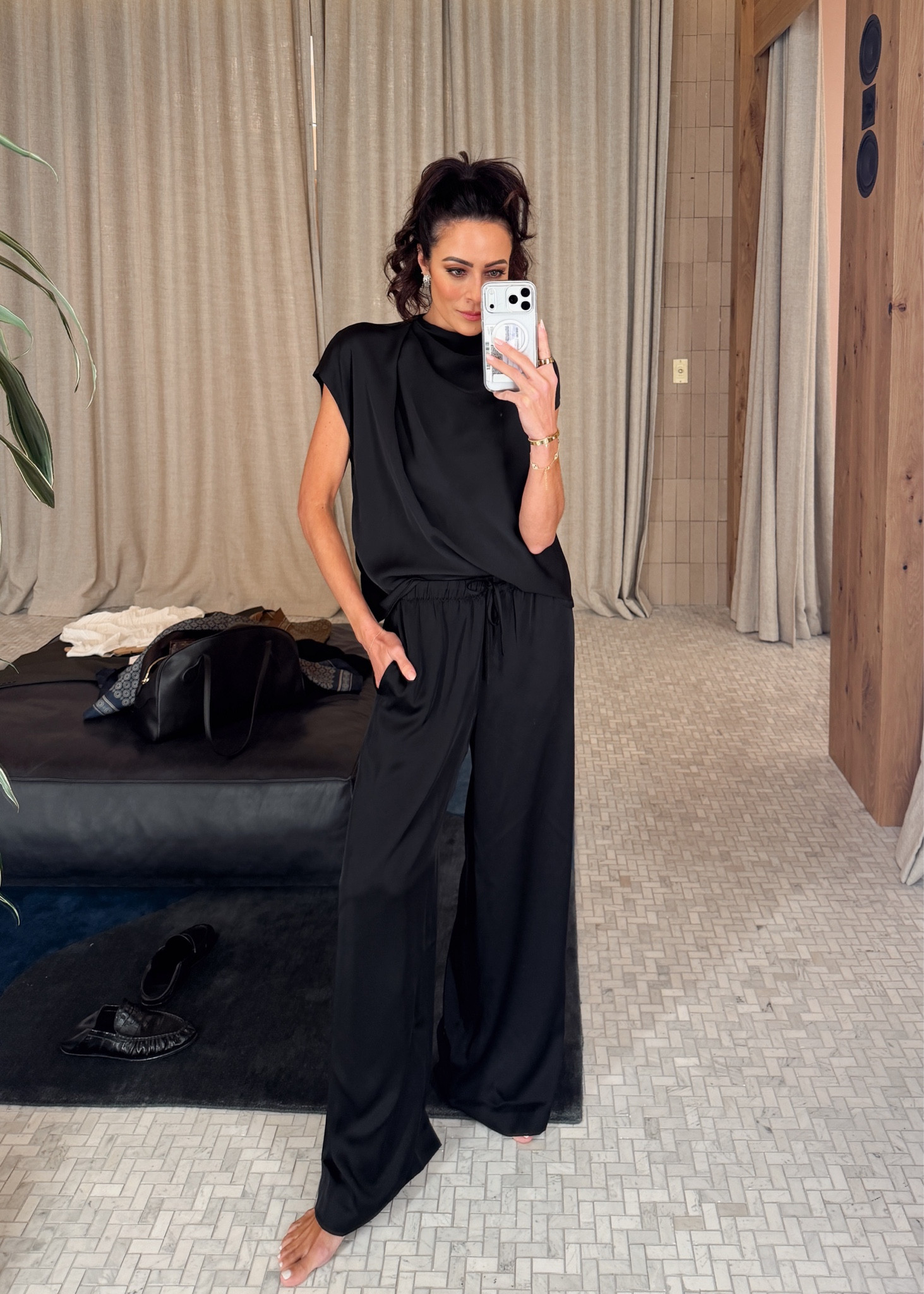 This date night top under $100 has the most gorgeous drape and my lodge pants now come in satin! 
Top XS, size down runs big
Bottoms tts 

#LTKSeasonal #LTKOver40