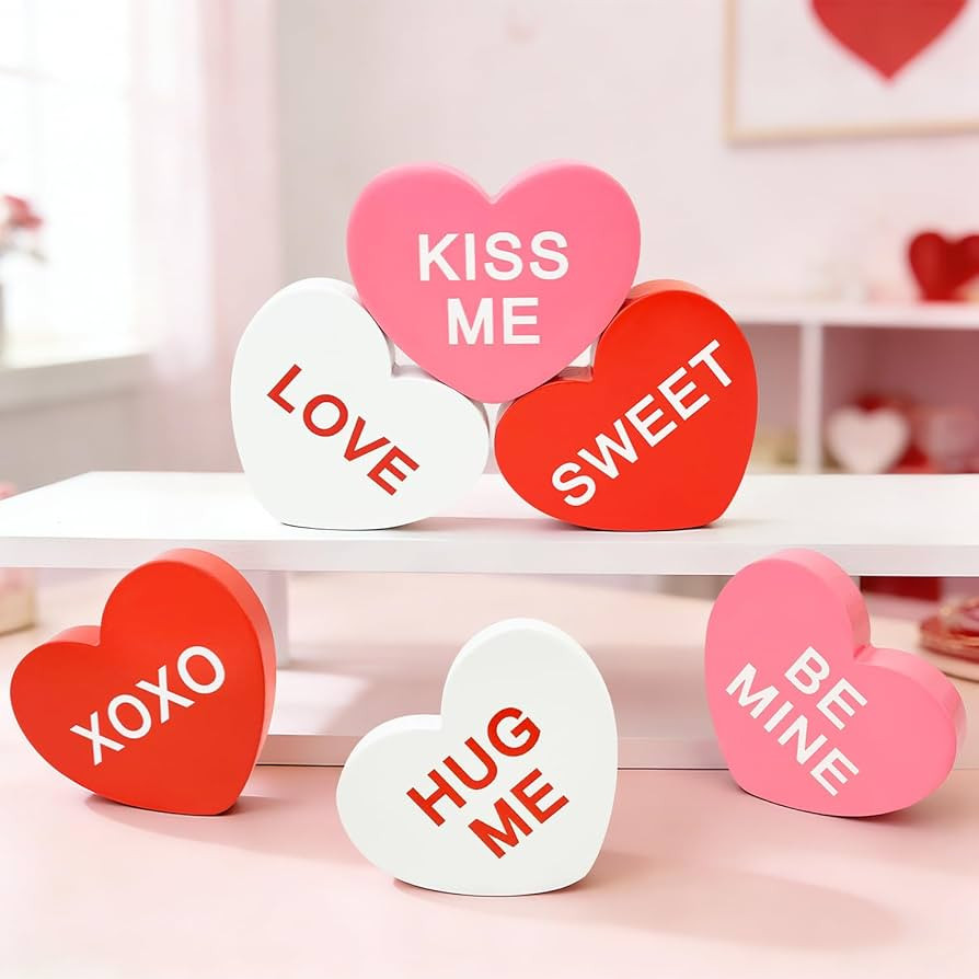 Valentines Day Decorations 6 PCS, Wooden Conversation Heart Decor for Home Table,Red White Pink C... | Amazon (US)