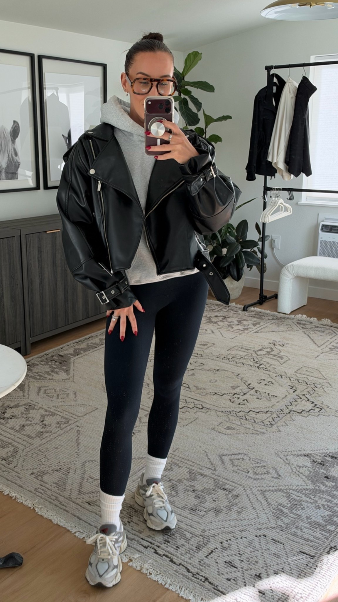 Day 1 of the 30 days style challenge: Elevated errand-day outfit 🖤 

An oversized faux leather moto jacket over a grey hoodie and black leggings, finished with slouchy white socks and chunky grey sneakers. It's an easy, comfortable athleisure look with a little edge. Shop the full outfit below!

#LTKootd #LTKgrwm #LTKSeasonal