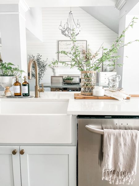 Love how brining in a few branches from the backyard instantly makes it feel like Spring in our kitchen!

Kitchen decor, farmhouse sink, champagne bronze faucet, hand towel, champagne bronze hardware, gold pulls, round knobs, kitchen island, amber glass soap dispenser, pot scrubber, cutting board, woven vase, woven glass pitcher, clear glass coffee mug.
Amazon. 
#kitchen #kitchenview #counterdecor

See the full post on the DIY kitchen island build on heatherkrout.com